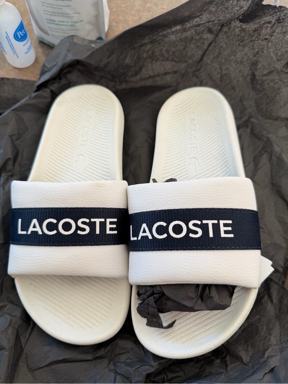 Lacoste White and Navy Logo Slide Sandals